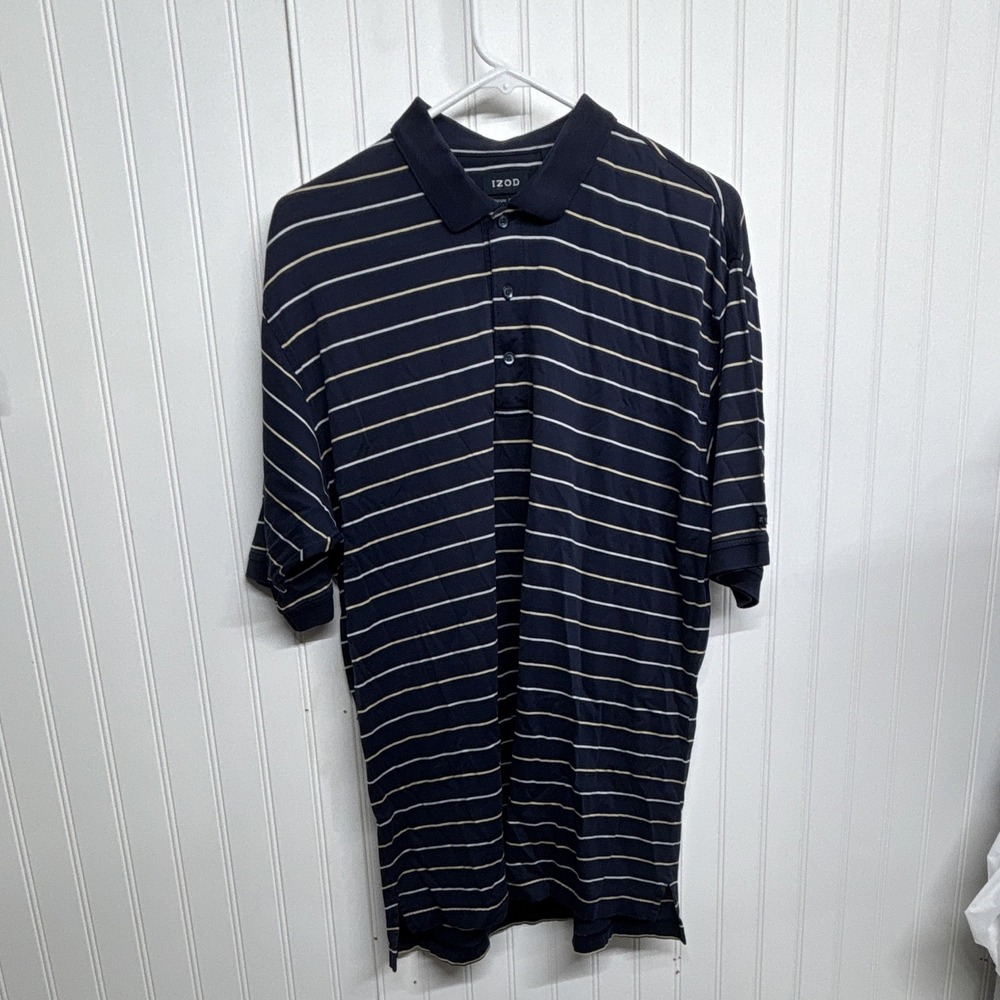 IZOD Men's M Navy Striped Cotton Short Sleeve Collared Button Polo Shirt